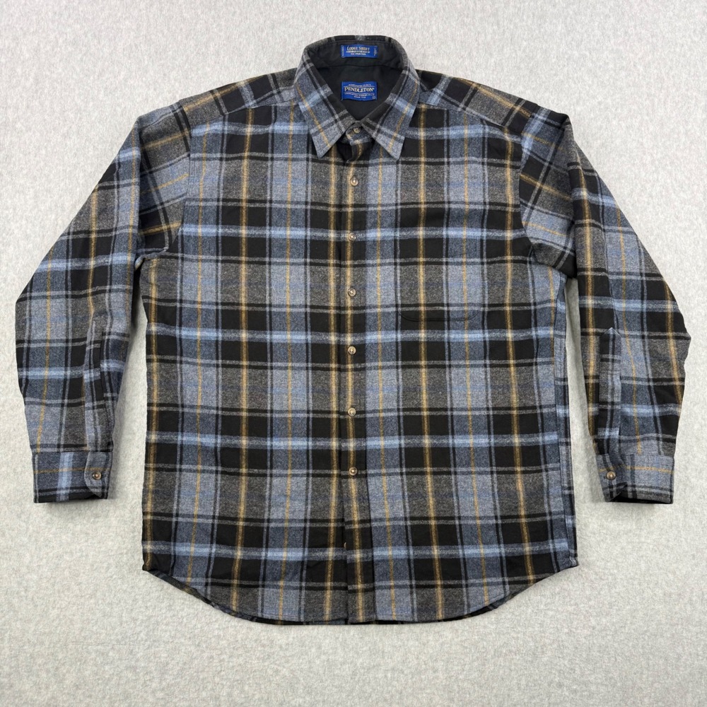 Pendleton Shirt Mens Large Blue Plaid Lodge Virgin Wool Button Up Long Sleeve